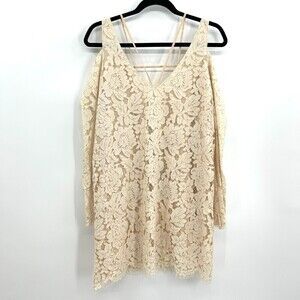 NWT CHASER Ivory Gold Metallic Lace Bell Sleeve Cold Shoulder Shift Dress Medium